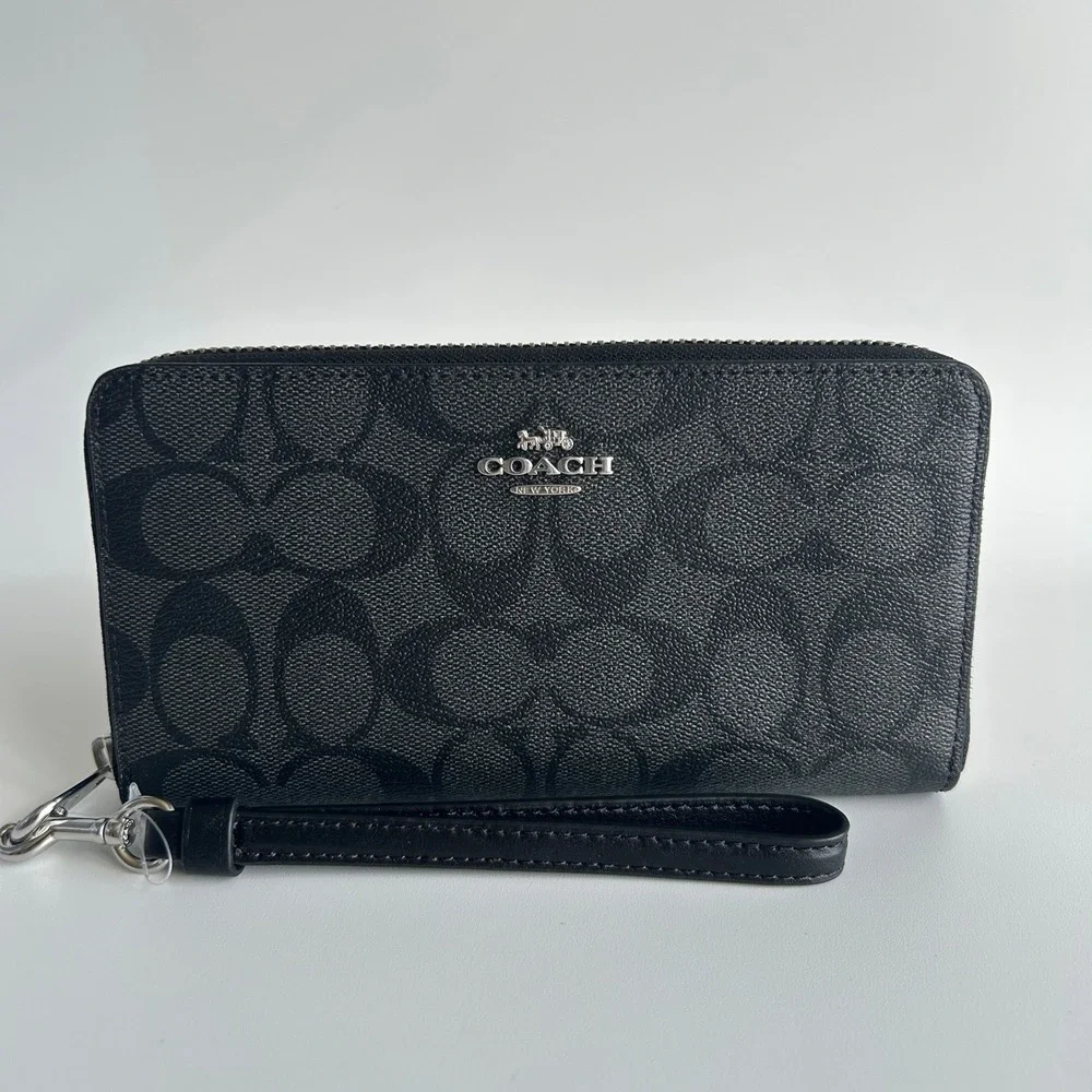 Coach Long Zip Around Wallet Graphite/Black Signature Canvas C4452 Like New